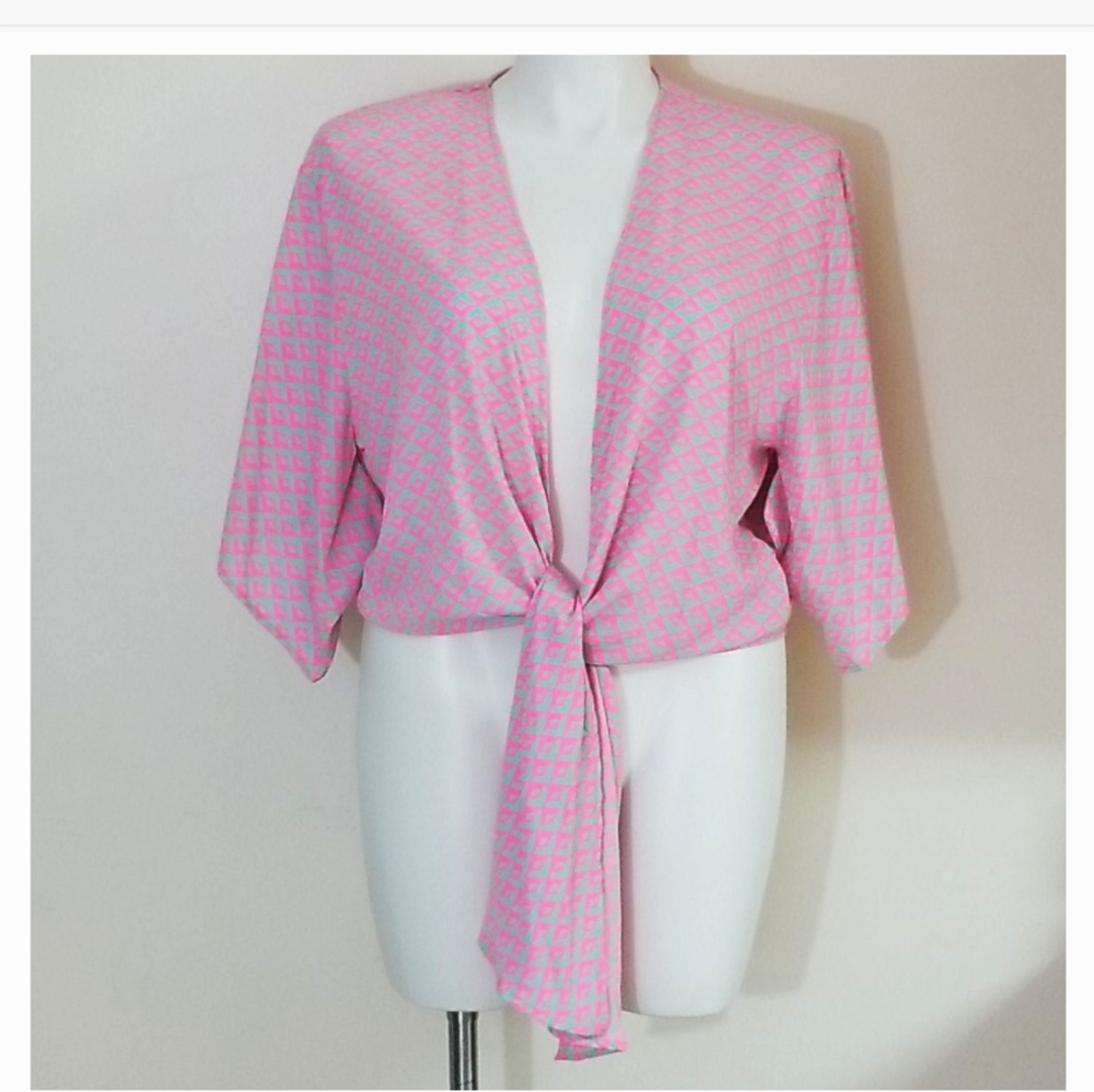 Black Bead Pink Tan Tie Front Shrug Cardiga Sz L
